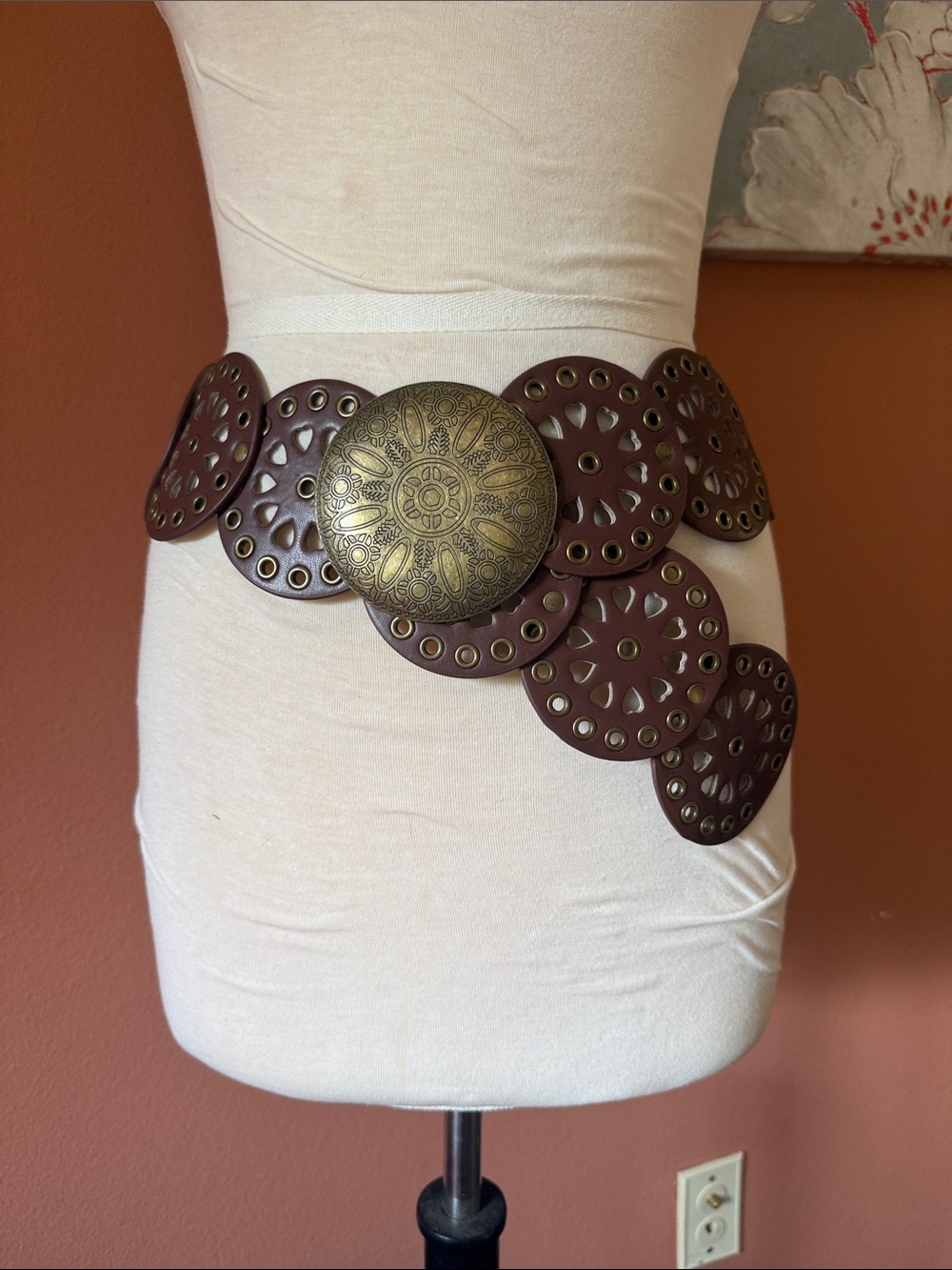 Bohemian Brown Leather Disc Belt with Ornate Brass Medallion